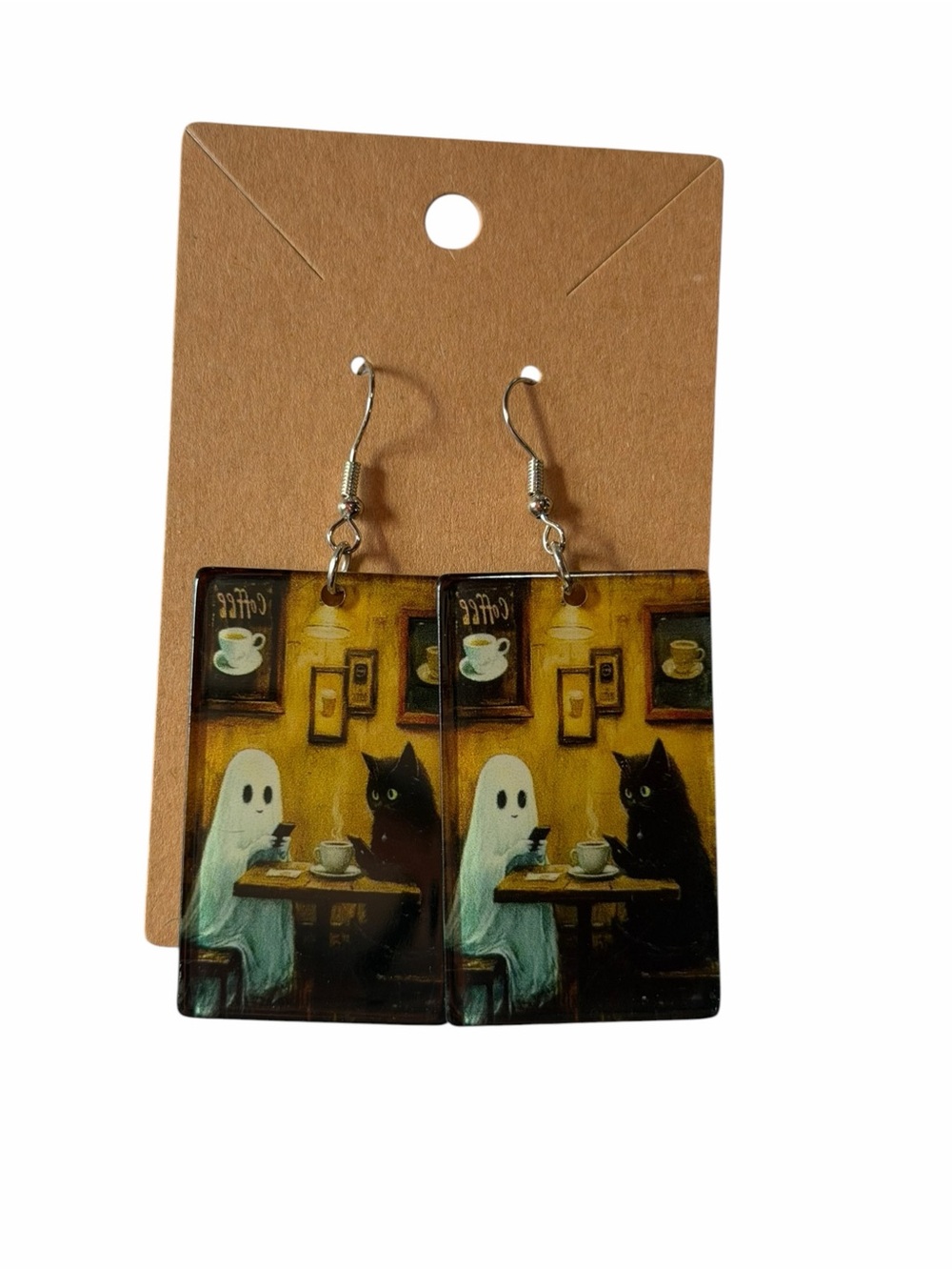 Ghost & Black Cat Coffee Scene Rectangular Earrings - Brown